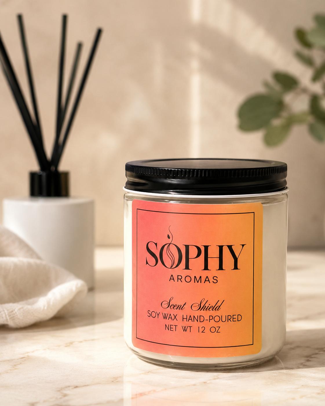 Scent Shield candle on a marble bathroom counter
