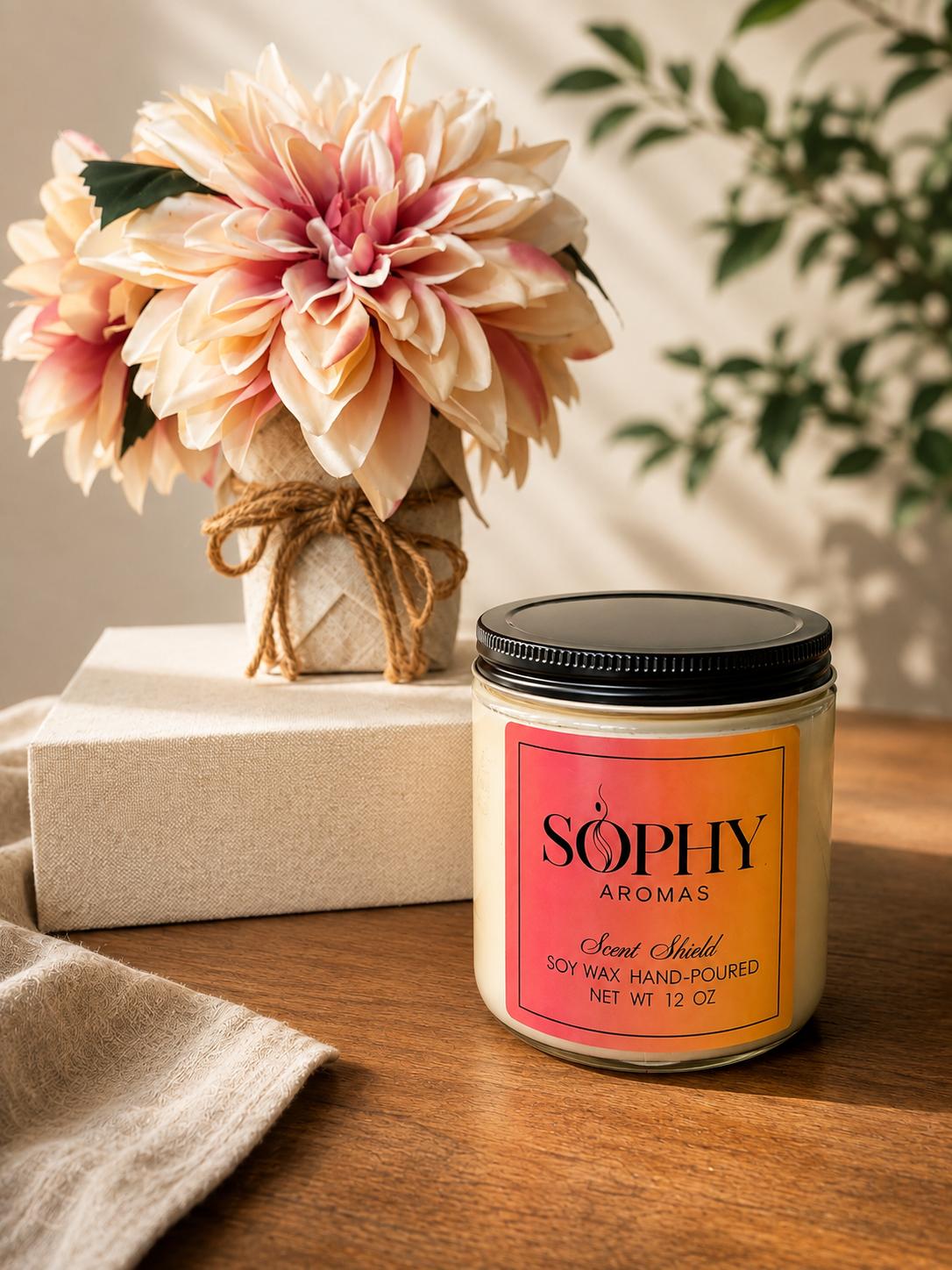 Scent Shield candle beside flowers on a wooden table