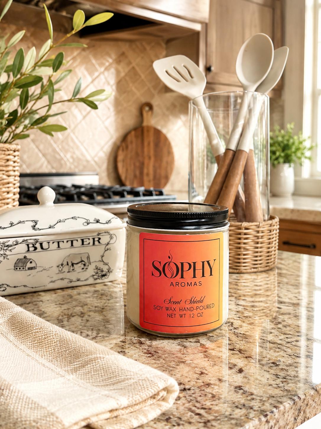 Scent Shield candle in a kitchen