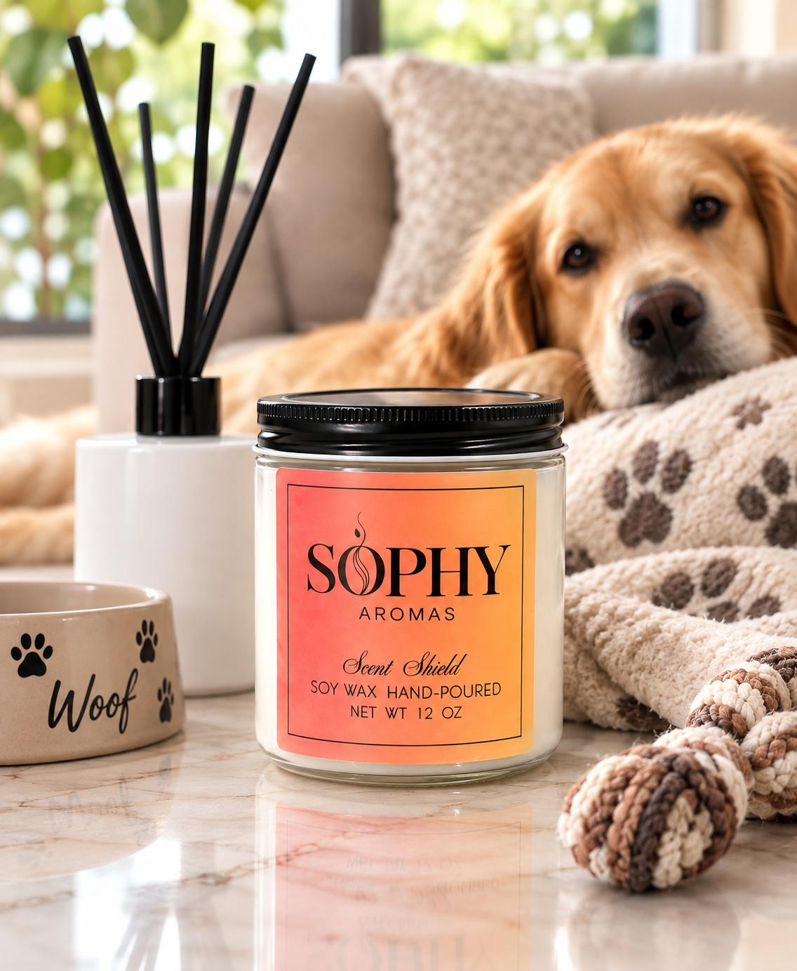Scent Shield candle in a living room with a dog
